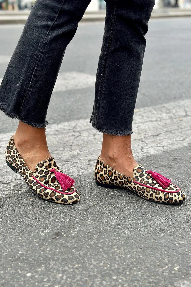 Edith™ | Animal Print Loafer With Fuchsia Fringes