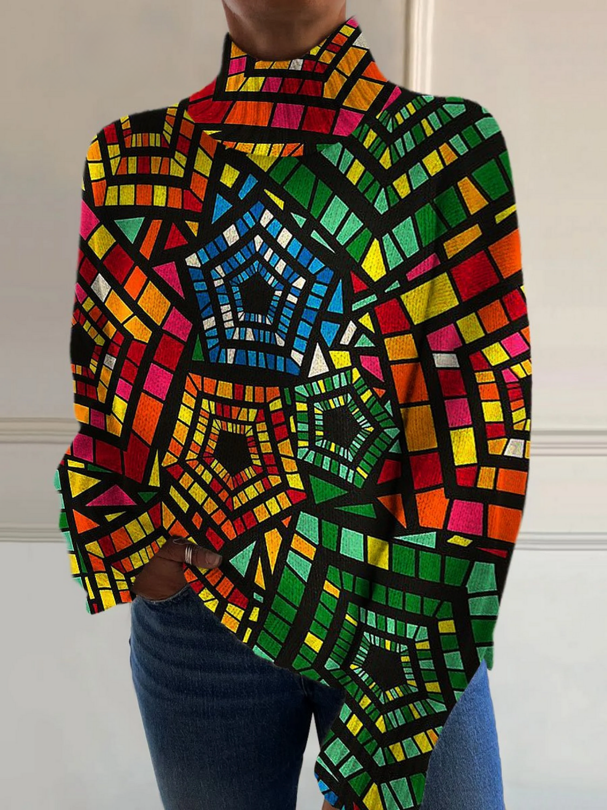 Hope | Retro colourful geometric print turtleneck sweater