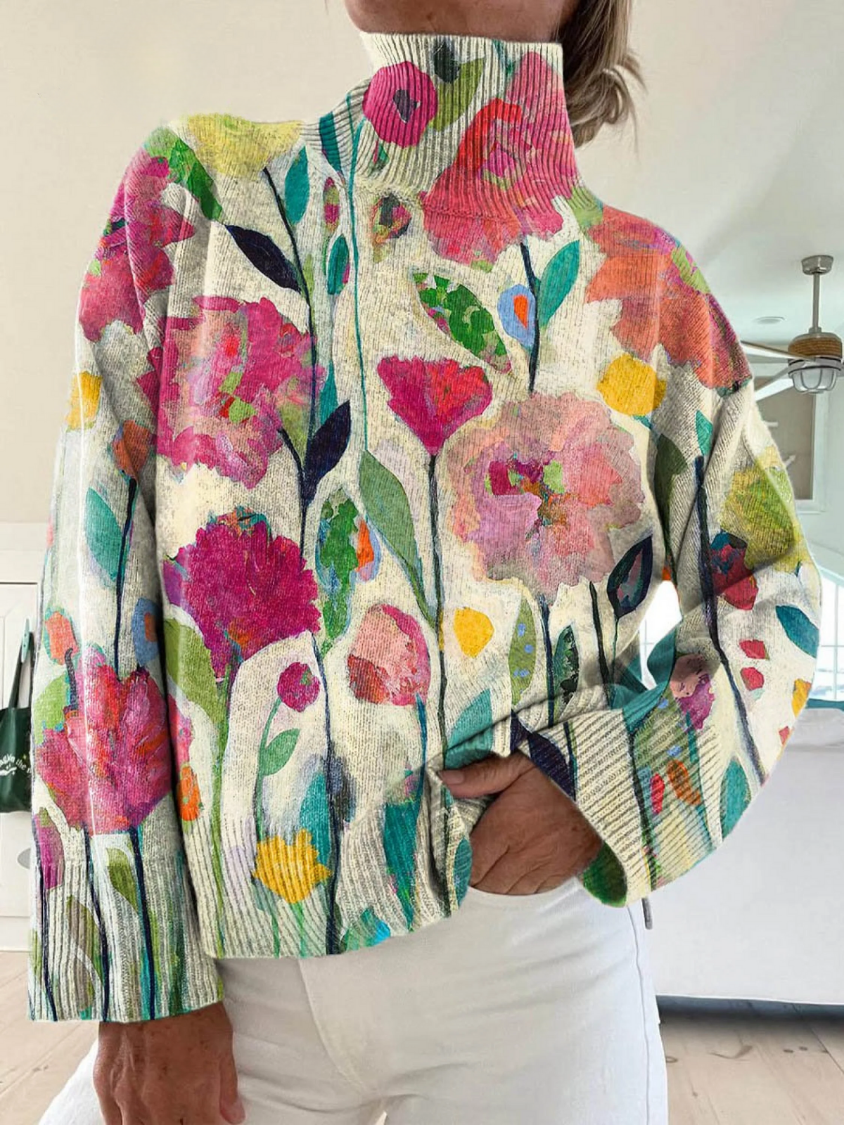 Faith | Vintage floral art print turtleneck sweater