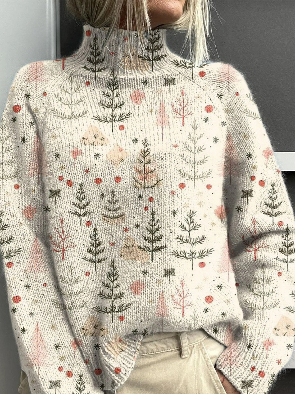 Sarah | Christmas tree print turtleneck sweater