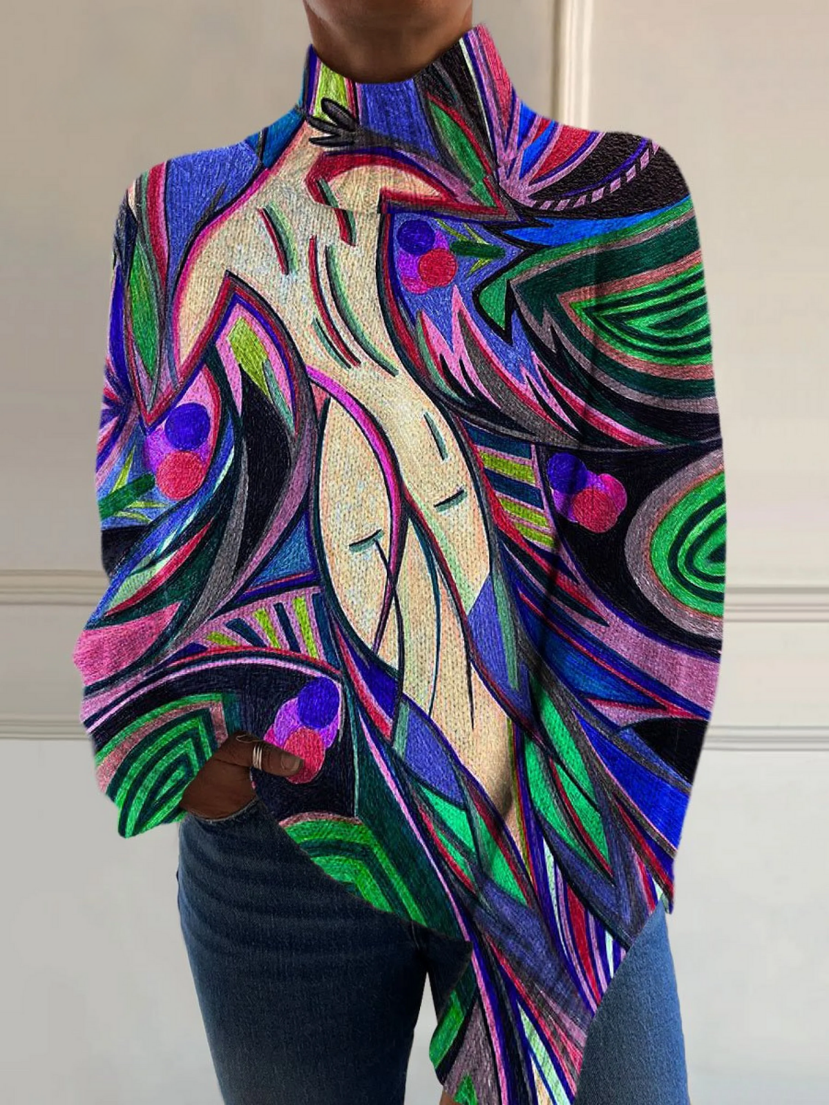 Hazel | Retro abstract nude print turtleneck sweater