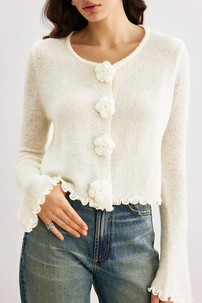 Veronica™ – Cardigan in Maglia a Righe 3D con Fiori e Volant Slim-Fit
