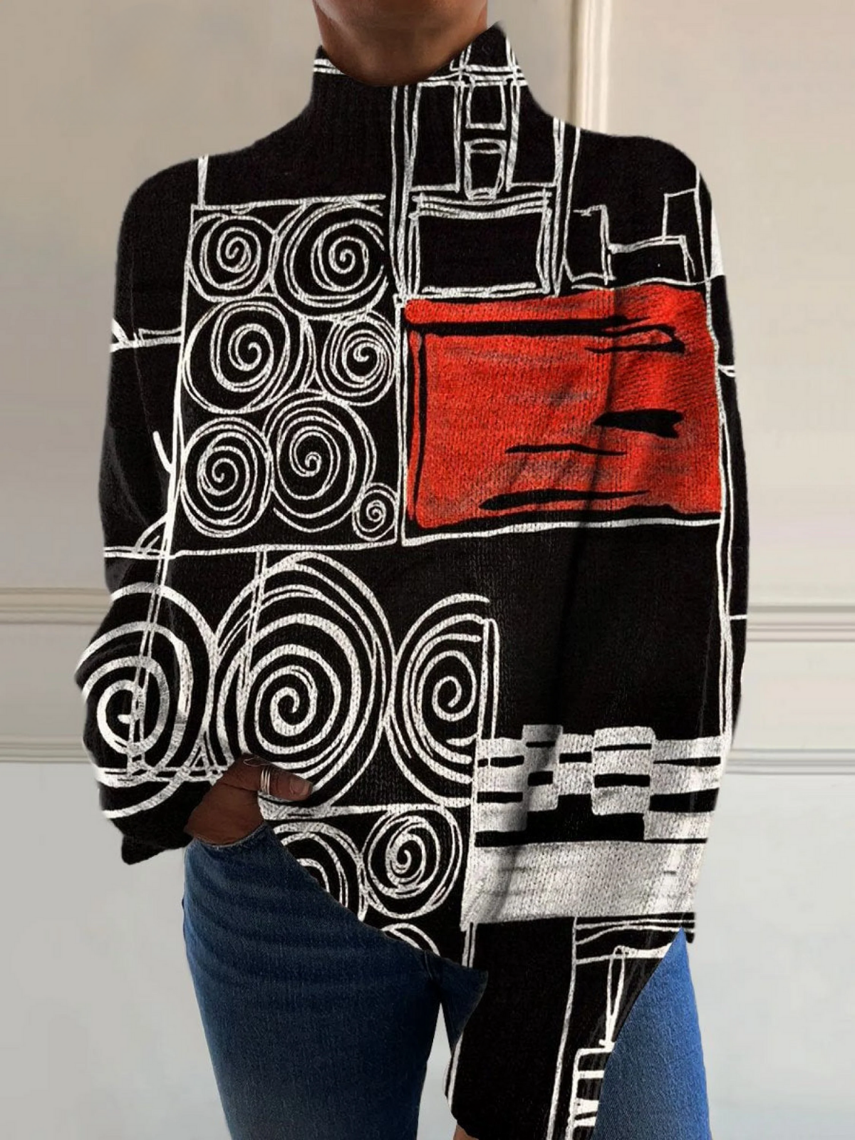 Clara | Abstract Colur Block Print Turtleneck Sweater