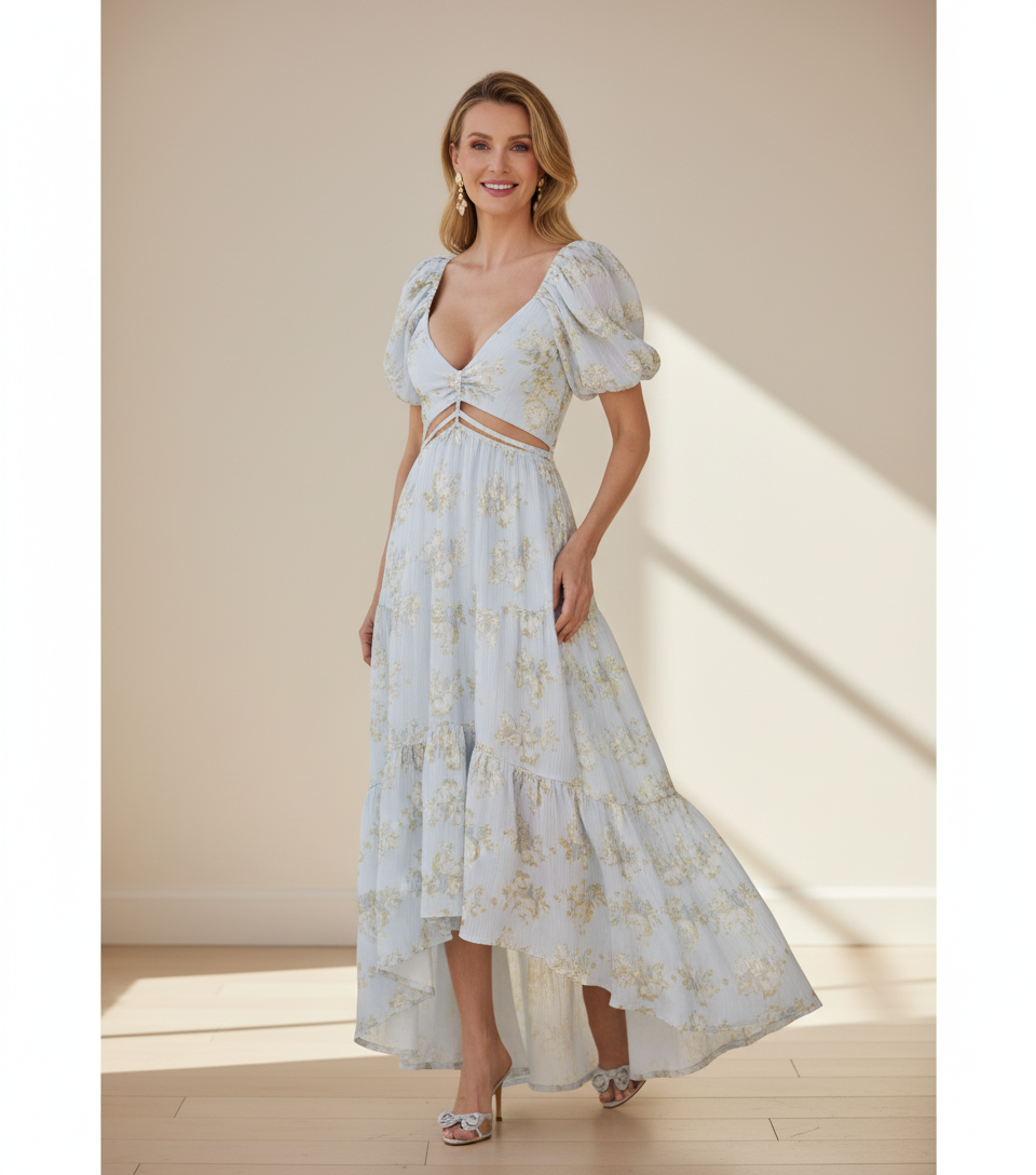 Lisa™| Elegant Long Dress with Sky Blue Sleeves