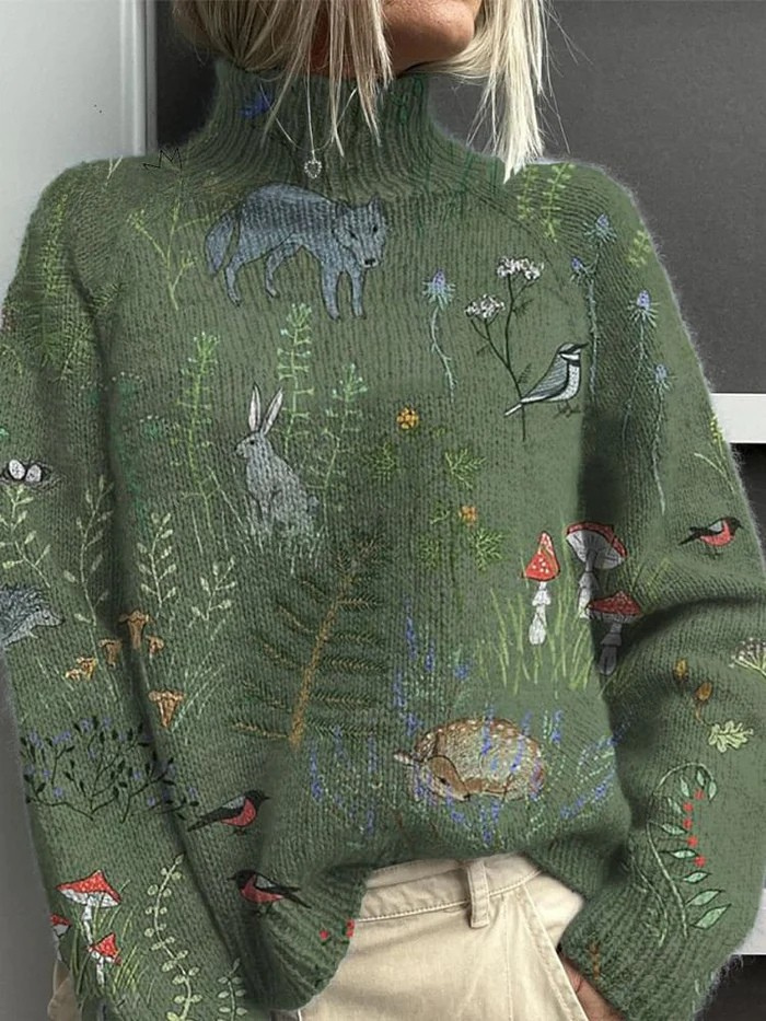 Lila | Knitted forest and animal print turtleneck sweater
