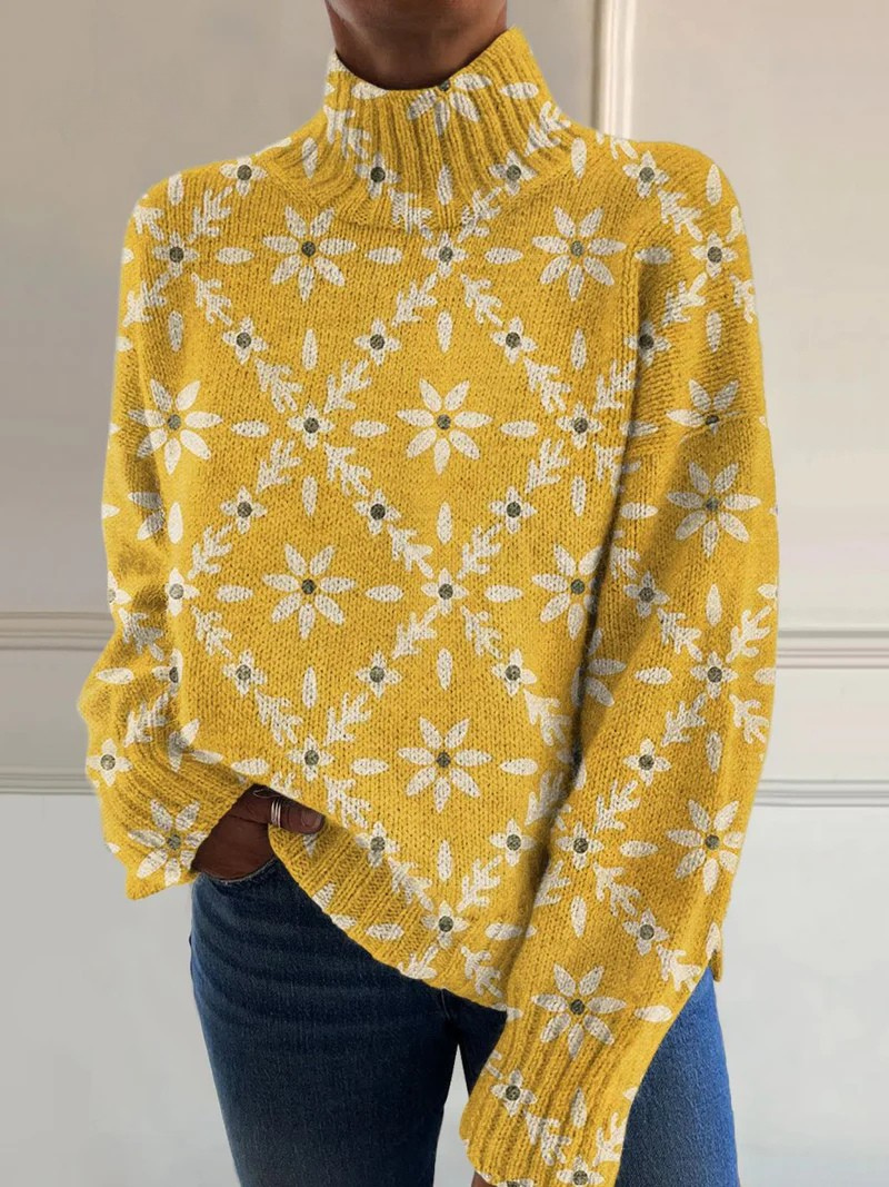 Lily | Vintage colourful floral block print turtleneck sweater
