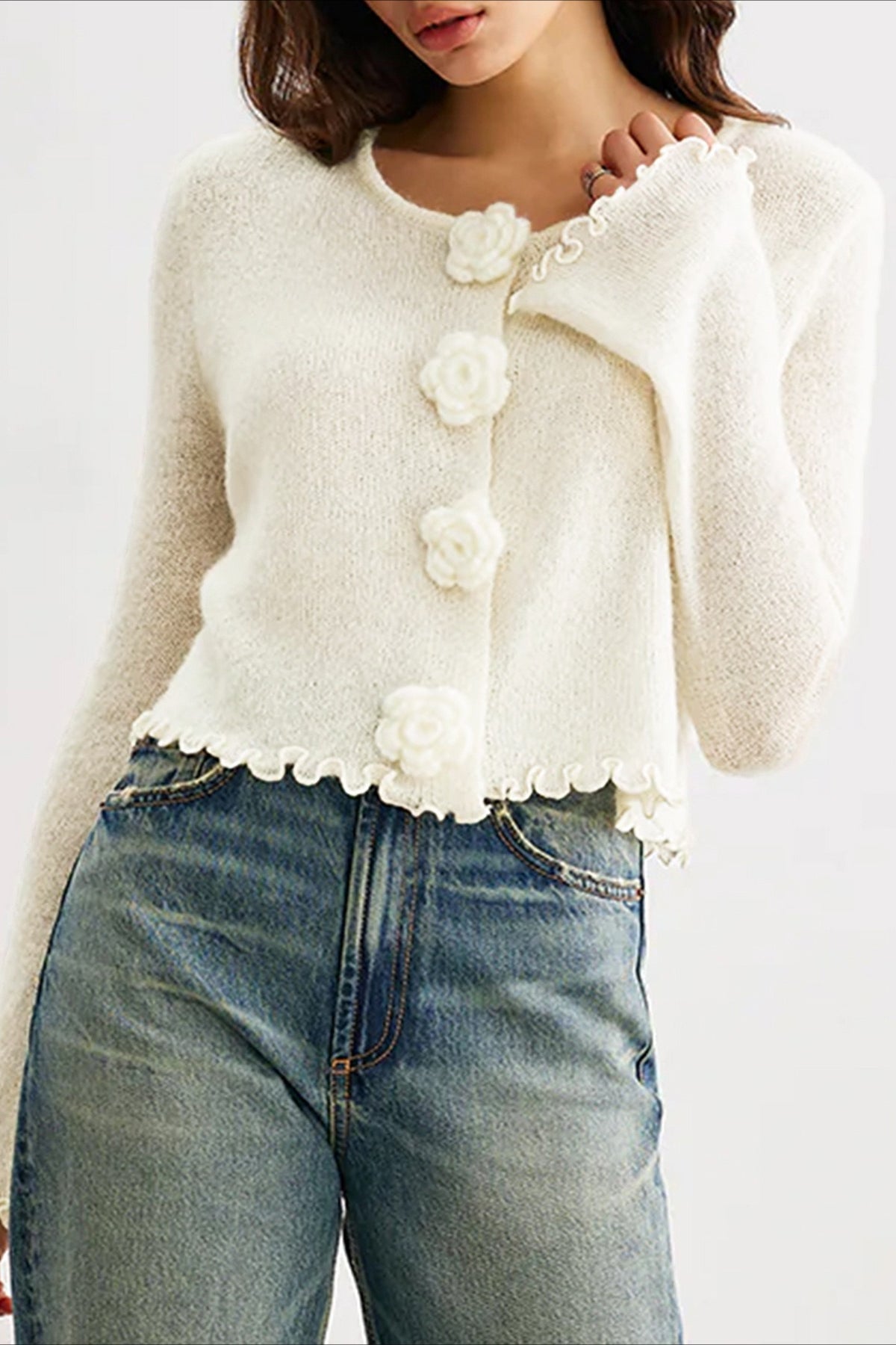 Veronica™ – Cardigan in Maglia a Righe 3D con Fiori e Volant Slim-Fit