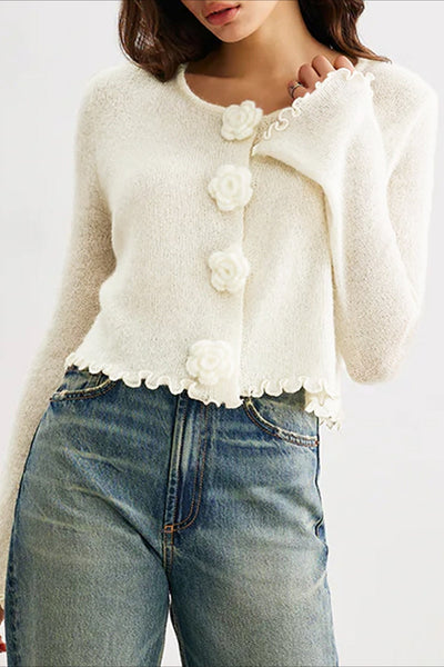 Veronica™ – Cardigan in Maglia a Righe 3D con Fiori e Volant Slim-Fit