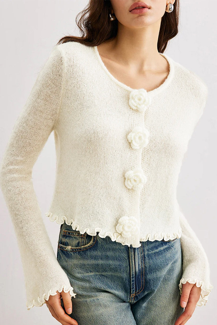 Veronica™ – Cardigan in Maglia a Righe 3D con Fiori e Volant Slim-Fit