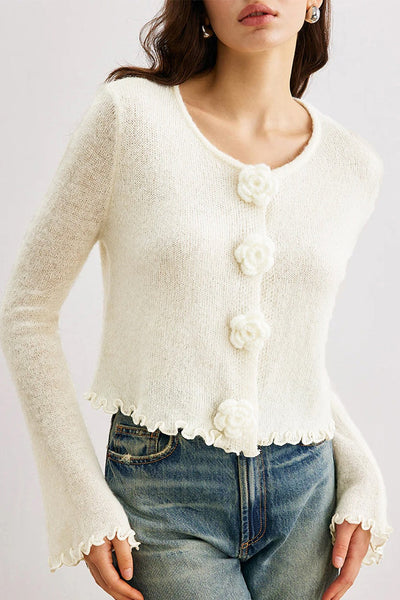 Veronica™ – Cardigan in Maglia a Righe 3D con Fiori e Volant Slim-Fit