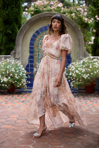 Lisa Romance™ | Elegant Long Dress with Light Pink Sleeves