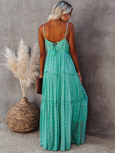 Evi™ | Maxi Abito Verde con Scollatura a V e Stampa Estiva Stile Ibiza