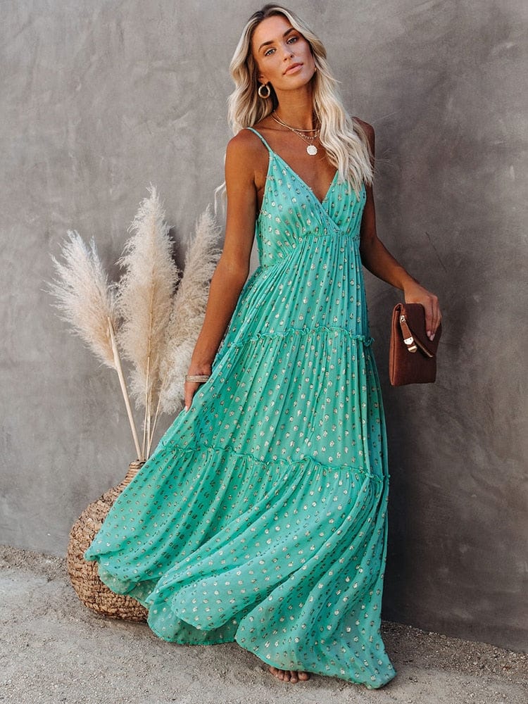 Evi™ | Maxi Abito Verde con Scollatura a V e Stampa Estiva Stile Ibiza
