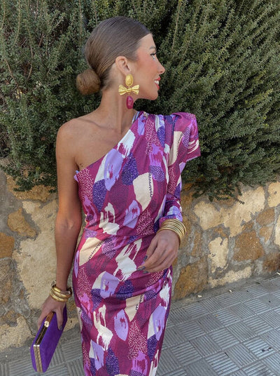 Yllana™ | Abito Midi Lilla con Spalla Unica e Maniche a Palloncino